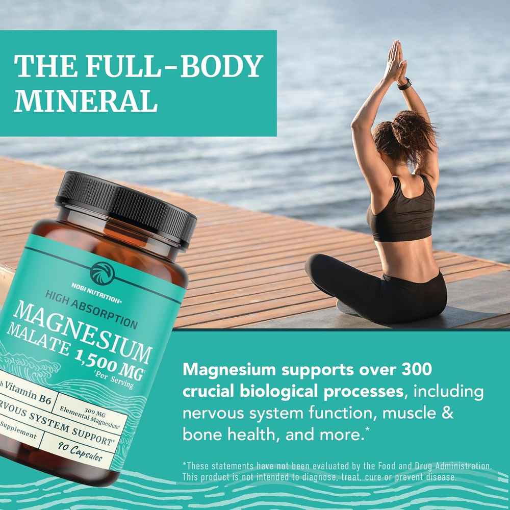 Magnesium Malate 1500MG | Energy & Nervous System Support | 300MG Elemental Mag per Serving | High Absorption Magnesium Malate Capsules with VIT B6 + Black Pepper | Non-Gmo | 90 Ct (1 Month Supply)