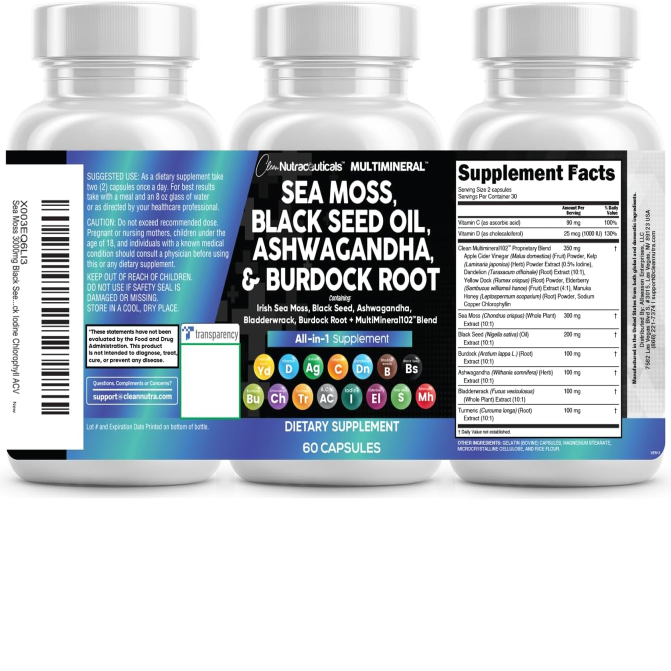 Sea Moss Black Seed Oil Ashwagandha Turmeric Bladderwrack Burdock & Vitamin C Vitamin D3 with Elderberry Manuka Dandelion Yellow Dock Iodine Chlorophyll ACV