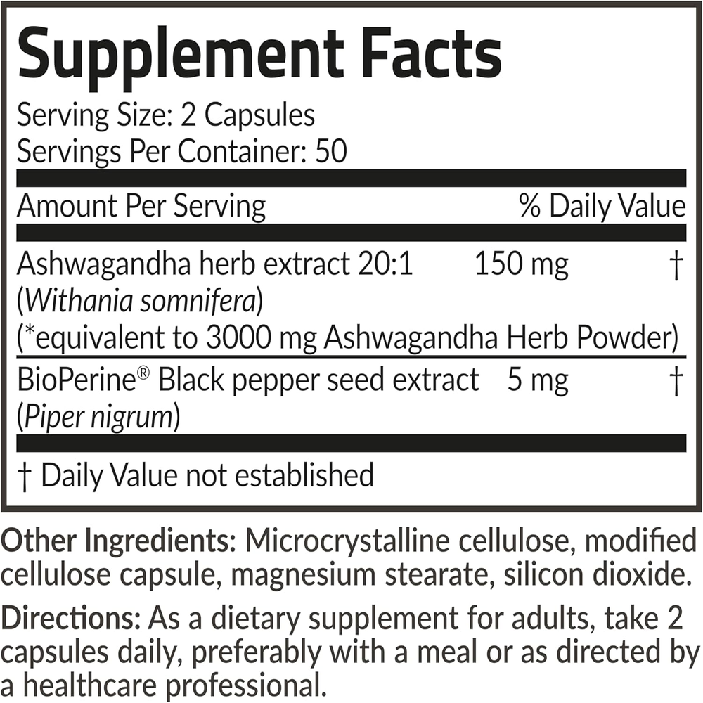 Ashwagandha Extra Strength Stress & Mood Support with Bioperine - Non GMO Formula, 100 Vegetarian Capsules