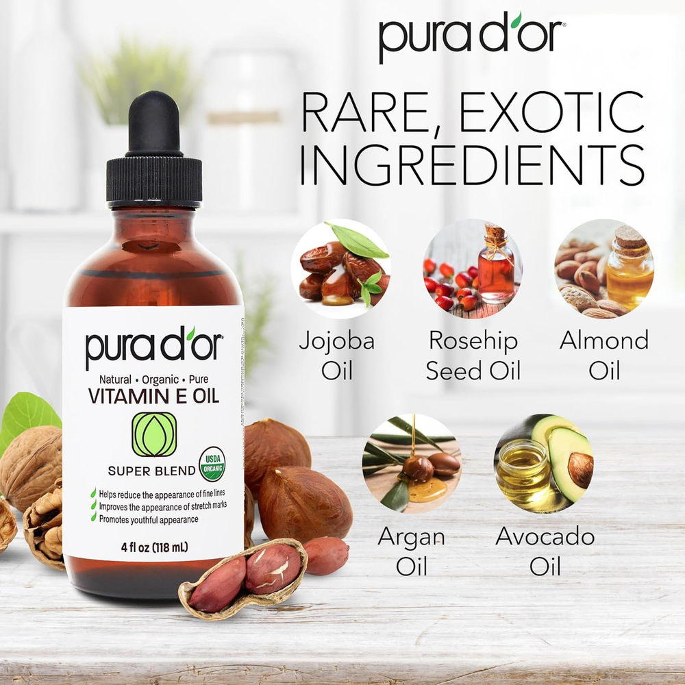 PURA D'OR 4 Oz Bath Oil for Scars, Skin, Face & Full Body ORGANIC Vitamin E Oil Blend - 100% Natural Hexane Free, Sweet Almond, Apricot, Jojoba, Argan, Rosehip, Sunflower & Avocado 