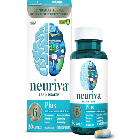 NEURIVA plus Brain Supplement for Memory and Focus Clinically Tested Nootropics for Concentration for Mental Clarity, Cognitive Enhancement Vitamins B6, B12, Phosphatidylserine 30 Capsules