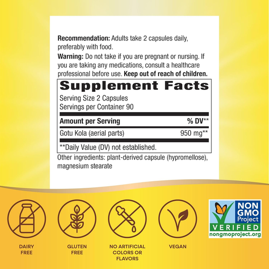 Gotu Kola Herb, Supports Longevity and Vitality*, 950 Mg per 2-Capsule Serving, Non-Gmo Project Verified, 180 Capsules 