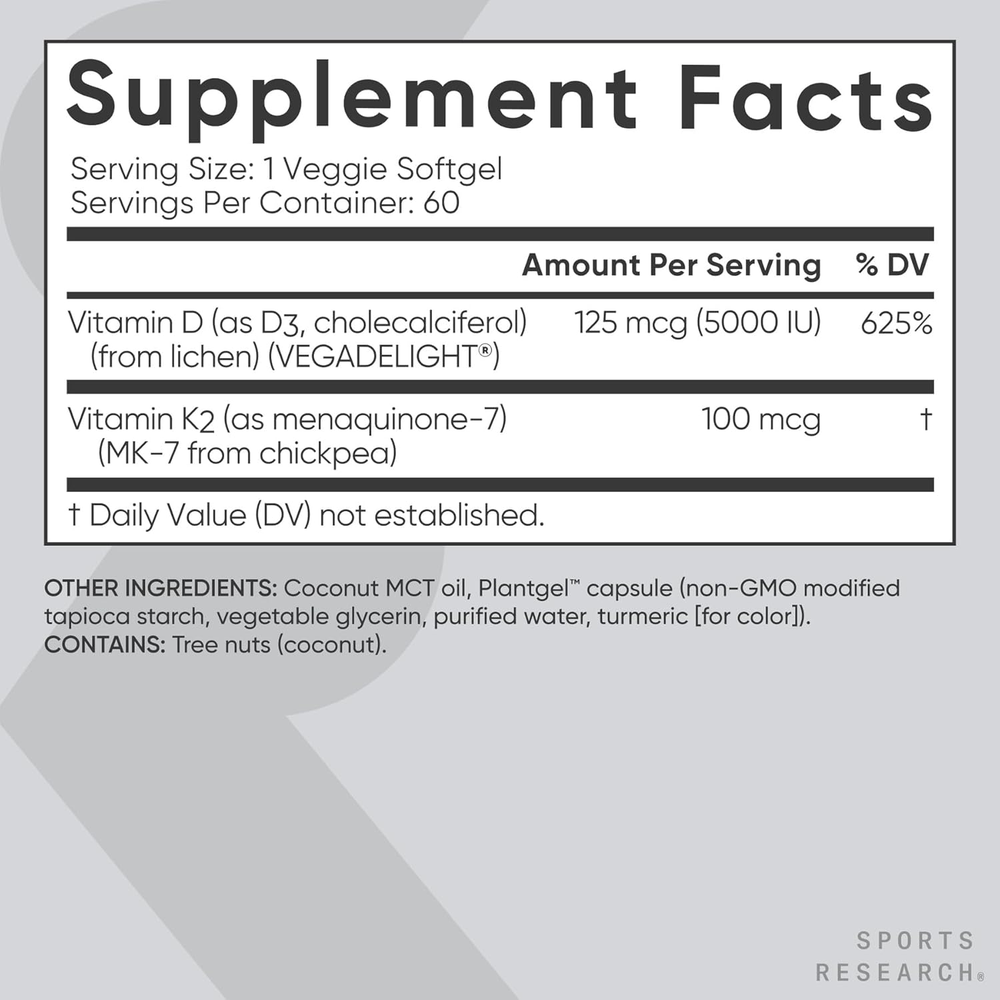 ® Vitamin D3 + K2 W/ Coconut Oil - Vegan Vitamin D 5000Iu & Mk7 Vitamin K 100Mcg for Bone & Immune Support - Vegan Certified · Non-Gmo · Soy Free - 60 Softgels