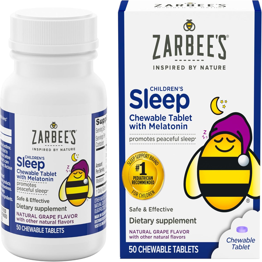Zarbee’S Kids Melatonin Sleep Aid Chewable Tablets, 1 Mg, Drug & Alcohol-Free, Non-Habit Forming, Natural Grape Flavor, No Artificial Sweeteners or Dyes, Gluten Free, Ages 3+, 50 Ct Bottle