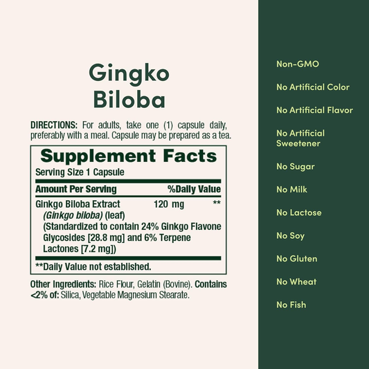 Ginkgo Biloba Capsules 120Mg, Memory Support Supplement, Supports Brain Function and Mental Alertness, 100 Capsules