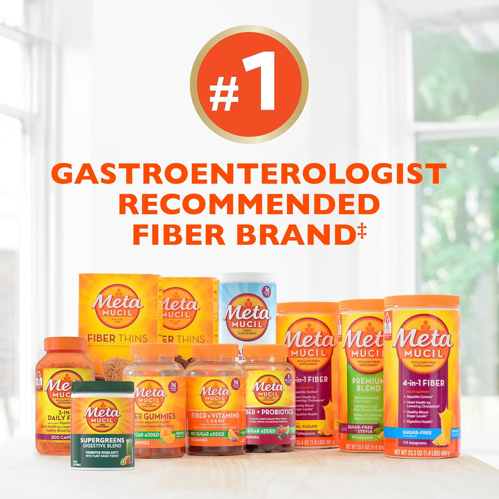 Metamucil 4-In-1 Psyllium Husk Fiber Supplement, Sugar-Free, 180 Teaspoons, Orange Flavored, Daily Fiber Powder for Digestive Health, Made with Plant-Based Psyllium Husk Fiber