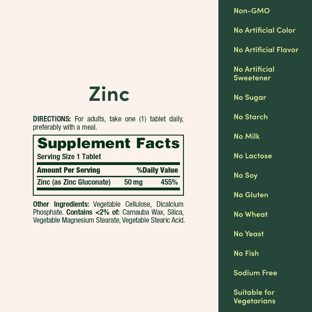 Zinc 50Mg, Immune Support & Antioxidant Supplement, Promotes Skin Health, 1 Caplet per Day, Gluten Free, 250 Vegetarian Caplets