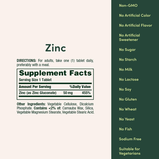 Zinc 50Mg, Immune Support & Antioxidant Supplement, Promotes Skin Health, 1 Caplet per Day, Gluten Free, 250 Vegetarian Caplets