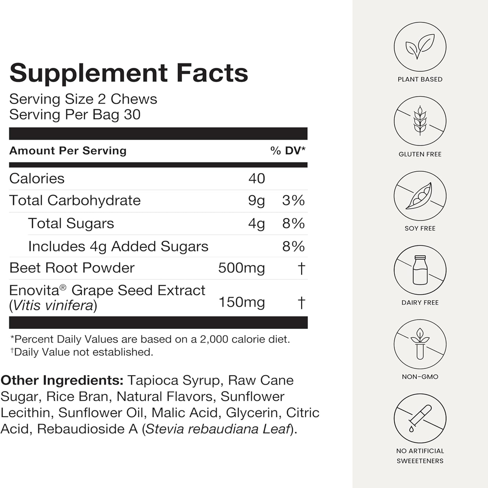 Superbeets Heart Chews, Nitric Oxide and Blood Pressure Support, Grape Seed Extract & Non-Gmo Beet Root Powder Energy Supplement, Pomegranate Berry Flavor, 60 Count