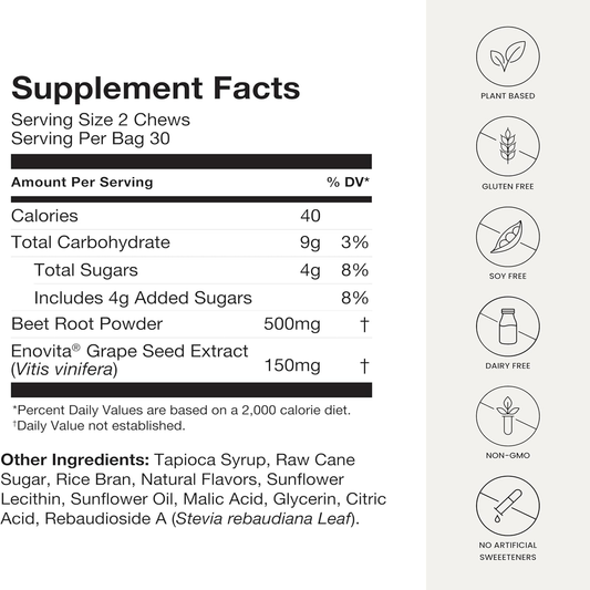 Superbeets Heart Chews, Nitric Oxide and Blood Pressure Support, Grape Seed Extract & Non-Gmo Beet Root Powder Energy Supplement, Pomegranate Berry Flavor, 60 Count