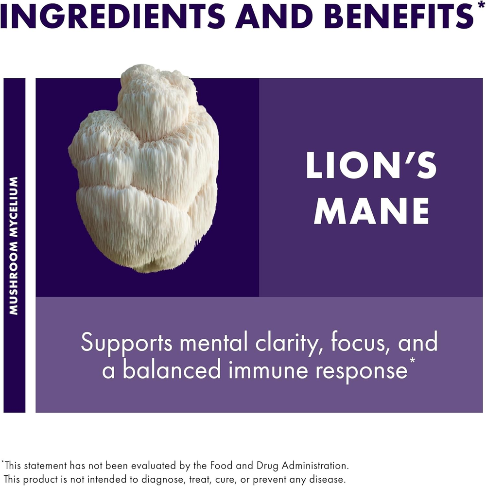 Mushrooms Lion'S Mane - Supplement Capsules for Brain Health Support - Mushroom Support for Focus & Memory Function - Immune & Nervous System Supplement - 60 Capsules (30 Servings)*