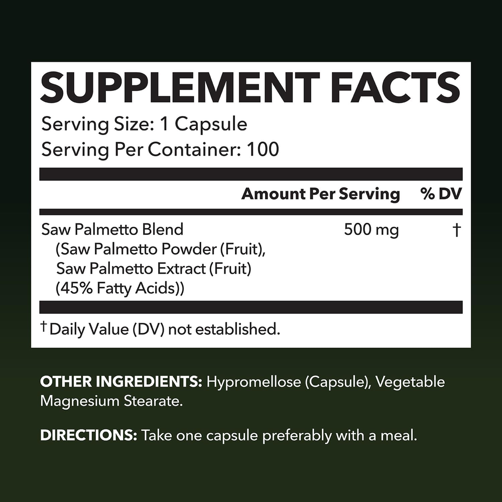 Saw Palmetto for Men Prostate Health Supplement to Promote Urinary Tract Function - 500Mg per Serving - 100 Count - DHT Blocker Hair Vitamin - Vegan, Non-Gmo Capsules, over 3 Month Supply
