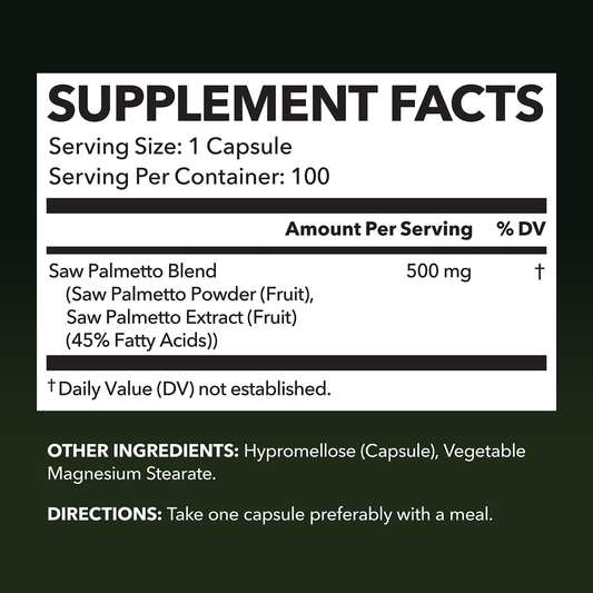 Saw Palmetto for Men Prostate Health Supplement to Promote Urinary Tract Function - 500Mg per Serving - 100 Count - DHT Blocker Hair Vitamin - Vegan, Non-Gmo Capsules, over 3 Month Supply