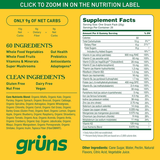Adults Super Greens Gummies, Multivitamin Superfood Gummy Bears with Spirulina, Chlorella, Prebiotics & Fiber for Digestive Health, Adaptogens Supplement with 20 Vitamins & Minerals, 28 Count