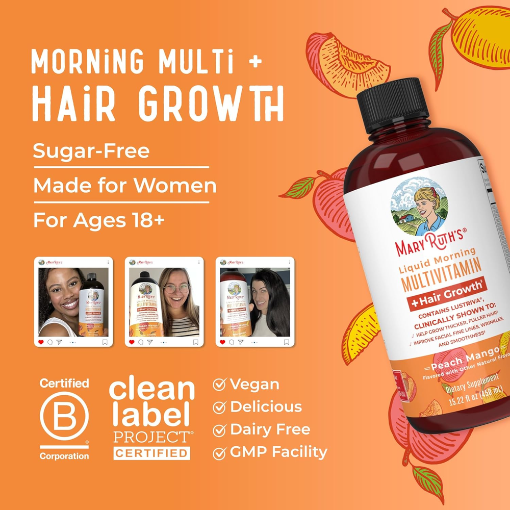 Maryruth'S Liquid Multivitamin + Hair Growth | Biotin 10000Mcg | Lustriva Hair Growth Supplement | Clinically Tested in Women for Thicker Hair & Facial Wrinkles | Skin Care | Ages 18+ | 15.22 Fl Oz