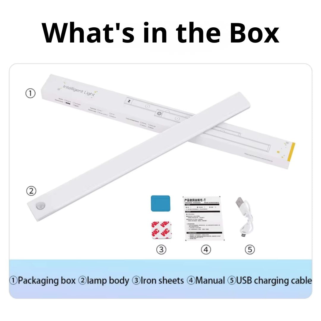 Complete kit including Vitroot MotionGlow XL light bar USB cable and magnetic strips.