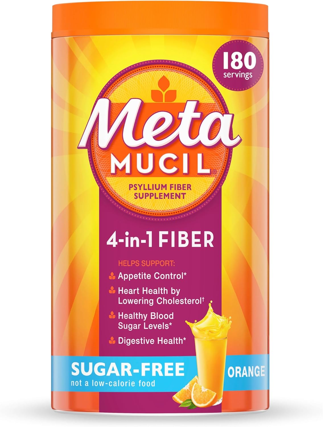 Metamucil 4-In-1 Psyllium Husk Fiber Supplement, Sugar-Free, 180 Teaspoons, Orange Flavored, Daily Fiber Powder for Digestive Health, Made with Plant-Based Psyllium Husk Fiber