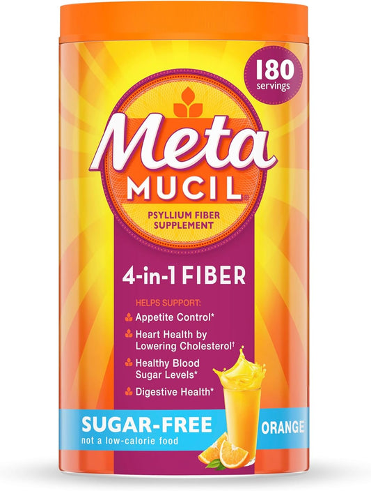 Metamucil 4-In-1 Psyllium Husk Fiber Supplement, Sugar-Free, 180 Teaspoons, Orange Flavored, Daily Fiber Powder for Digestive Health, Made with Plant-Based Psyllium Husk Fiber