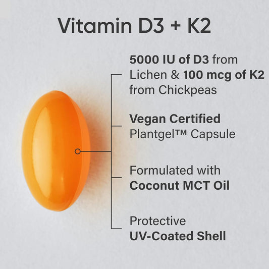 ® Vitamin D3 + K2 W/ Coconut Oil - Vegan Vitamin D 5000Iu & Mk7 Vitamin K 100Mcg for Bone & Immune Support - Vegan Certified · Non-Gmo · Soy Free - 60 Softgels