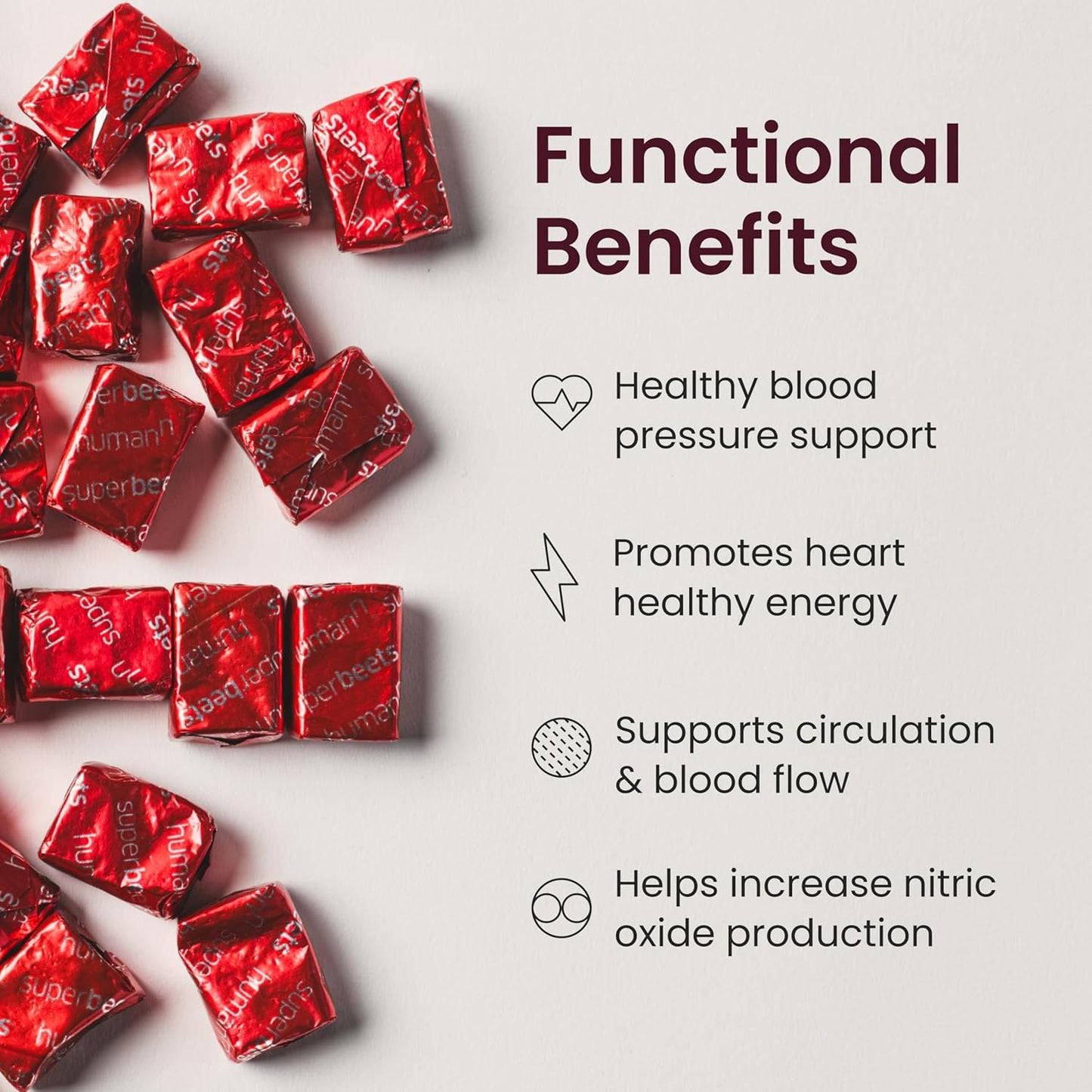 Superbeets Heart Chews, Nitric Oxide and Blood Pressure Support, Grape Seed Extract & Non-Gmo Beet Root Powder Energy Supplement, Pomegranate Berry Flavor, 60 Count