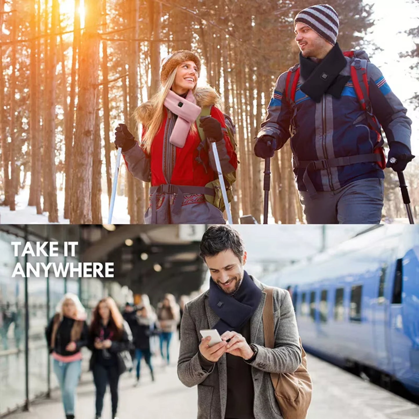 Portable heated neck wrap for outdoor activities like hiking and skiing.