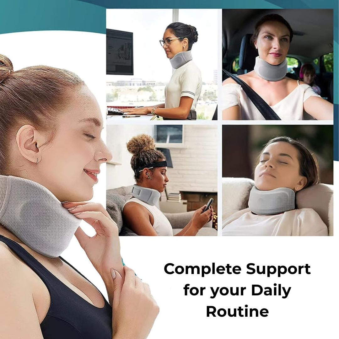 Multiple uses of Vitroot™ cervical collar: working at computer, driving, and preventing tech-neck while using a smartphone.
