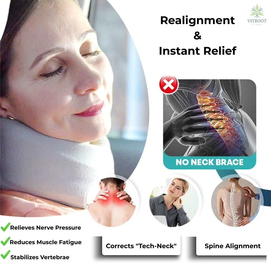 Medical diagram showing cervical spine alignment and pressure point relief provided by Vitroot™ neck support.