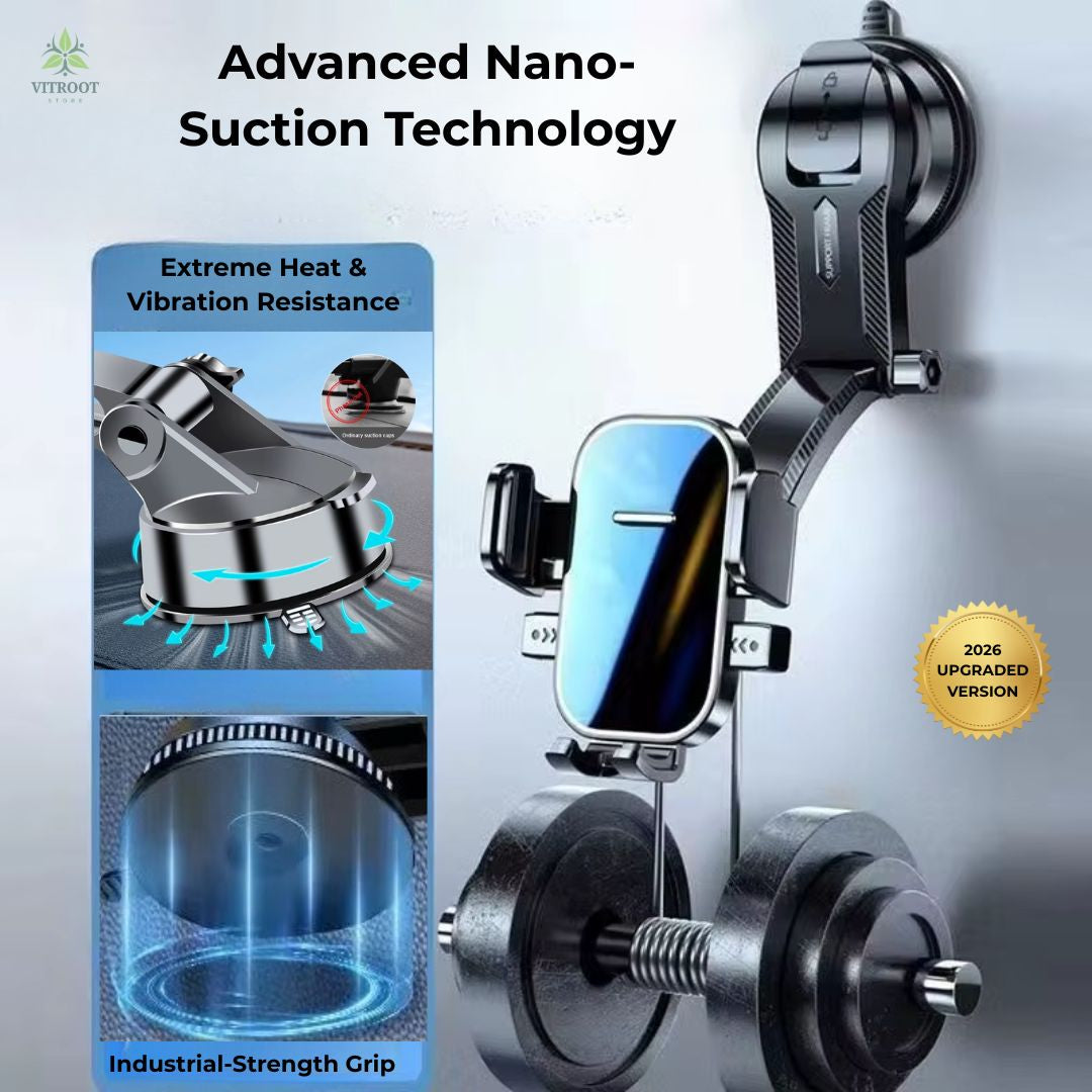 Anti-shake reinforced spring mechanism for car phone holder stability.