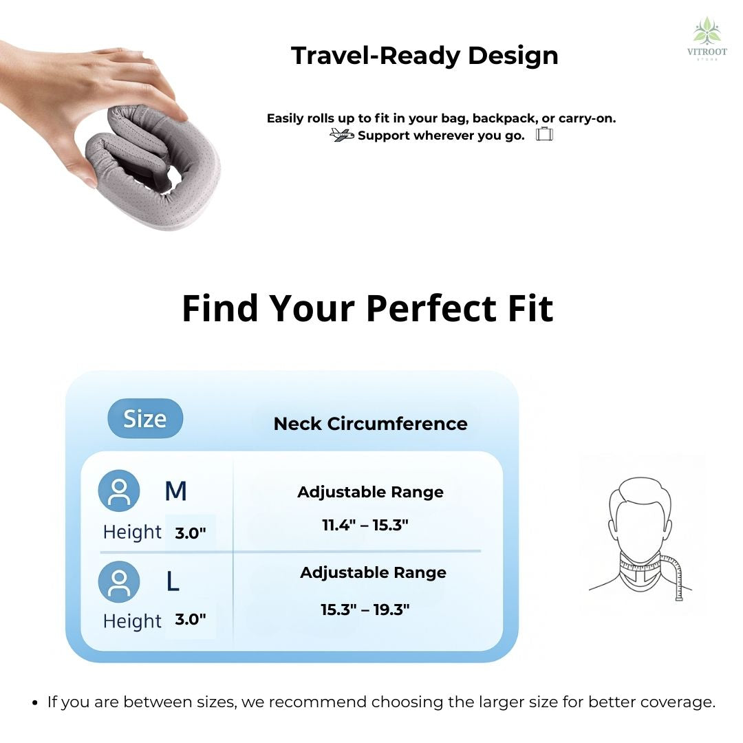 Size guide for Vitroot™ neck brace in inches and centimeters, showing the portable roll-up design for travel.