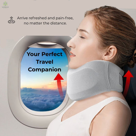 Woman sleeping comfortably on a plane wearing a Vitroot™ travel neck support brace for long flights.