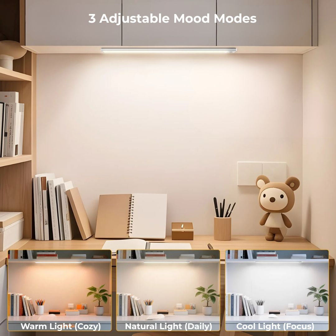 Dimmable under cabinet LED light bar with 3 color temperatures warm natural and cool white for closet or desk.